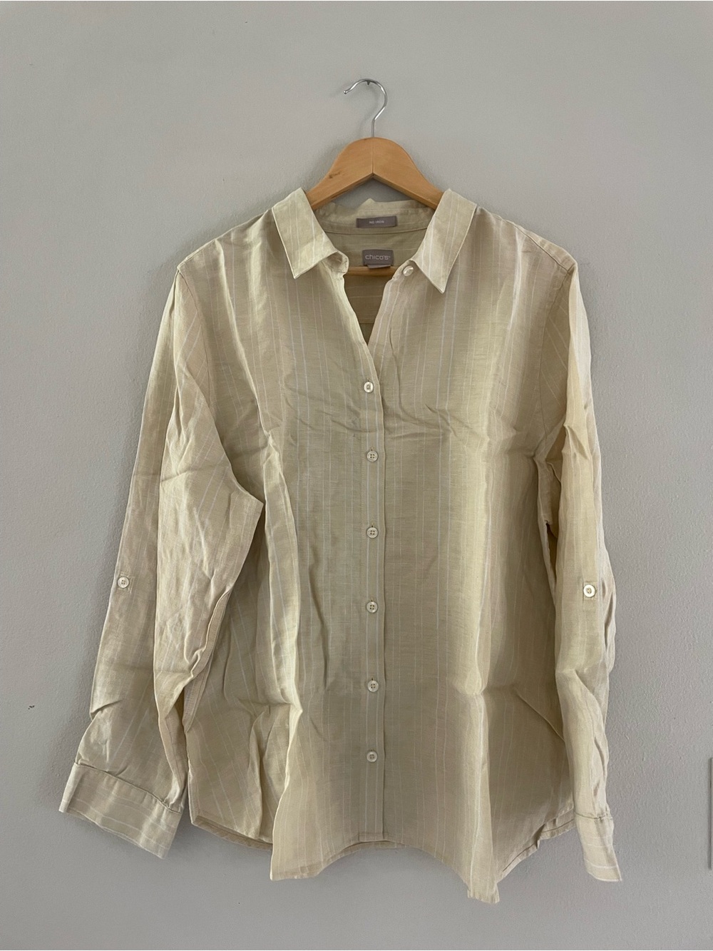 Chico's Light Yellow & White Linen Striped Button-Down Shirt